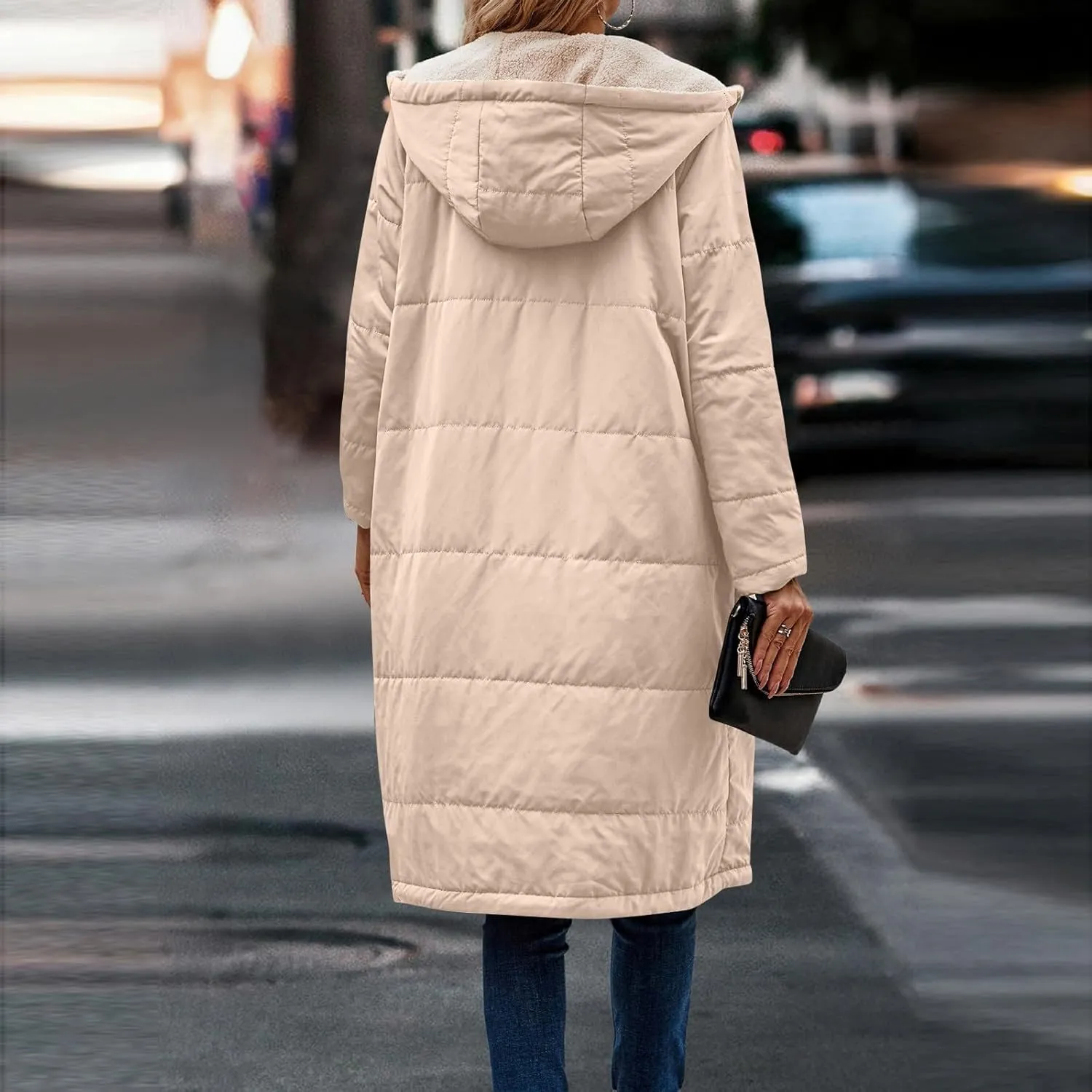 Jackets for Women Fashion Reversible Puffer Coats Oversized Sherpa Fleece Zip Hoodie Winter Warm Coat with Pockets