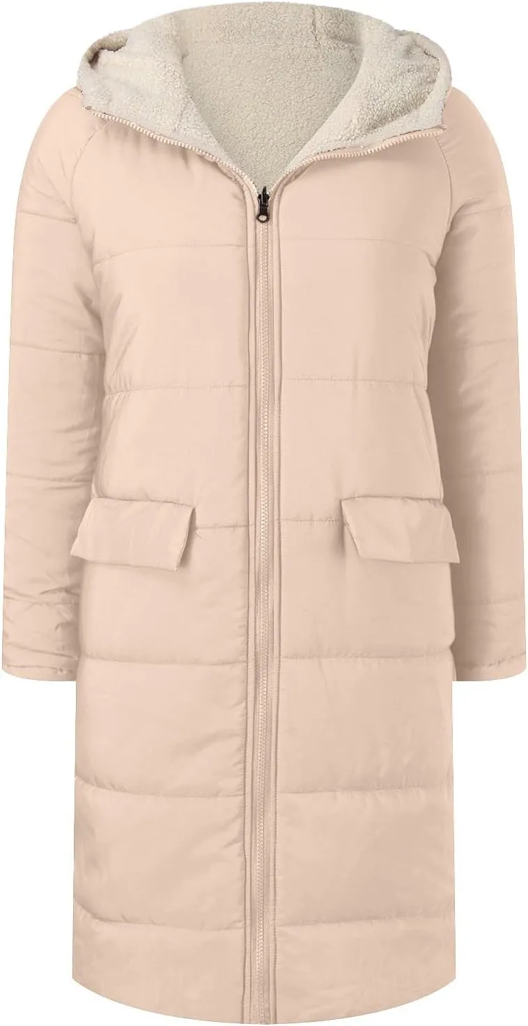 Jackets for Women Fashion Reversible Puffer Coats Oversized Sherpa Fleece Zip Hoodie Winter Warm Coat with Pockets
