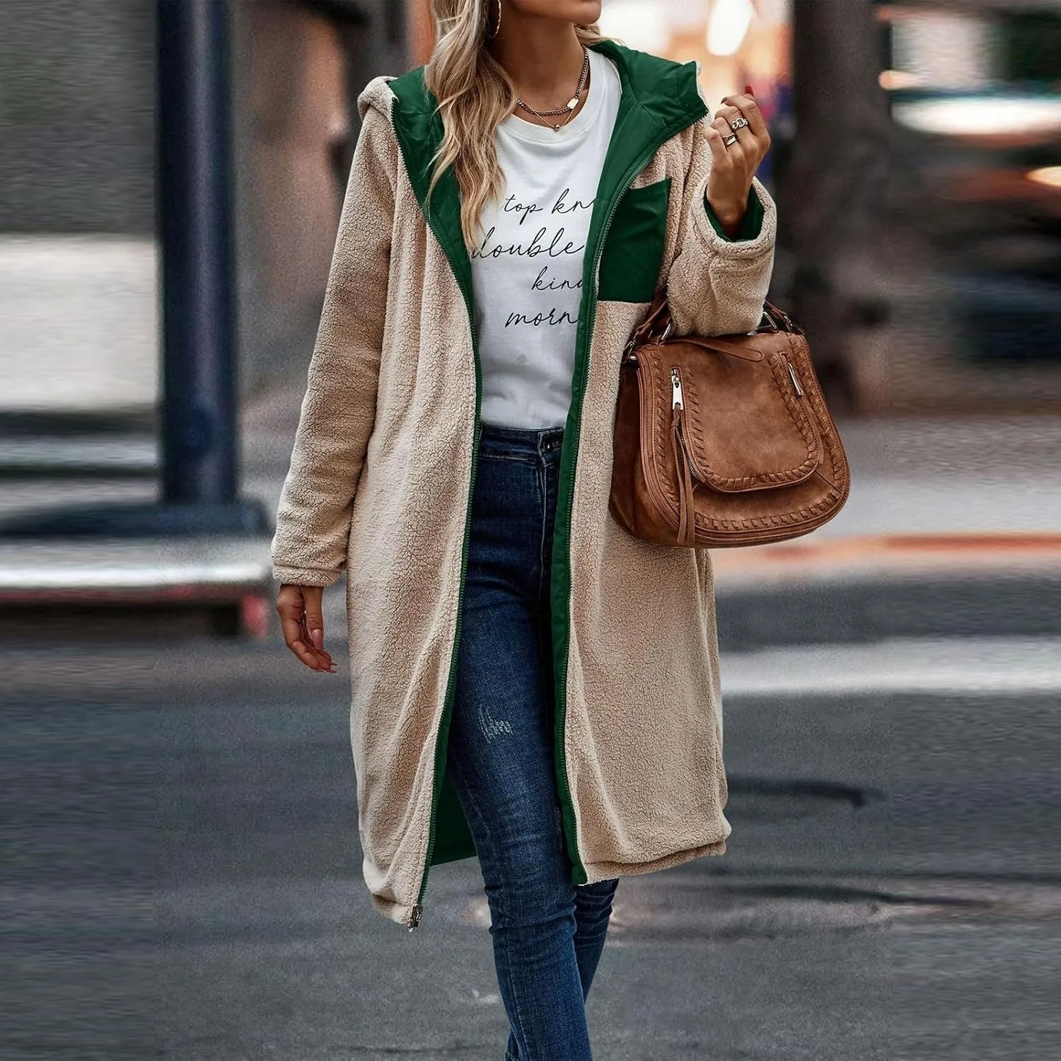Jackets for Women Fashion Reversible Puffer Coats Oversized Sherpa Fleece Zip Hoodie Winter Warm Coat with Pockets