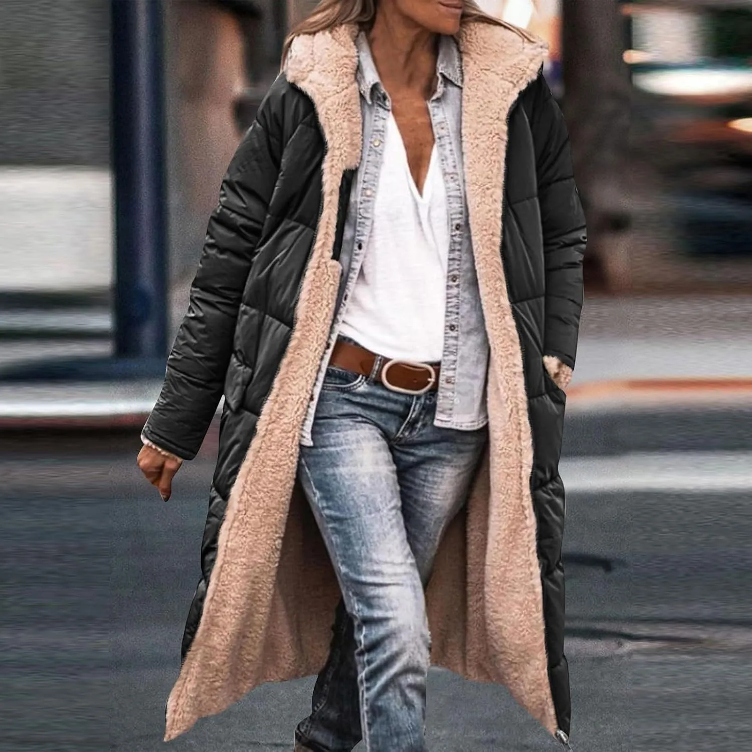 Jackets for Women Fashion Reversible Puffer Coats Oversized Sherpa Fleece Zip Hoodie Winter Warm Coat with Pockets