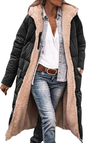 Jackets for Women Fashion Reversible Puffer Coats Oversized Sherpa Fleece Zip Hoodie Winter Warm Coat with Pockets
