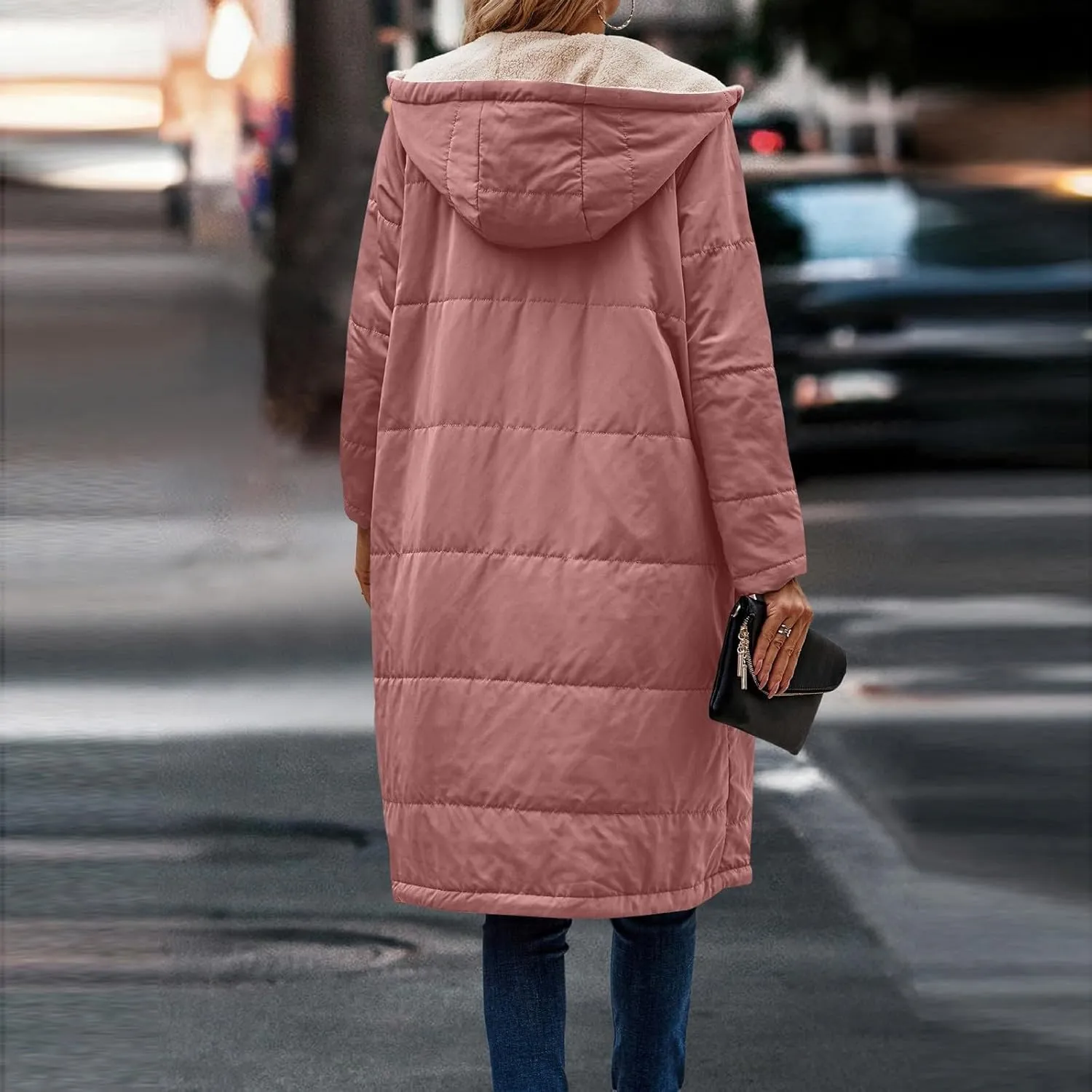 Jackets for Women Fashion Reversible Puffer Coats Oversized Sherpa Fleece Zip Hoodie Winter Warm Coat with Pockets