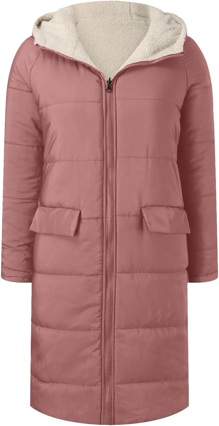 Jackets for Women Fashion Reversible Puffer Coats Oversized Sherpa Fleece Zip Hoodie Winter Warm Coat with Pockets