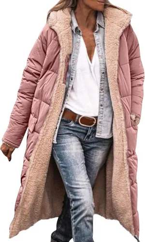 Jackets for Women Fashion Reversible Puffer Coats Oversized Sherpa Fleece Zip Hoodie Winter Warm Coat with Pockets