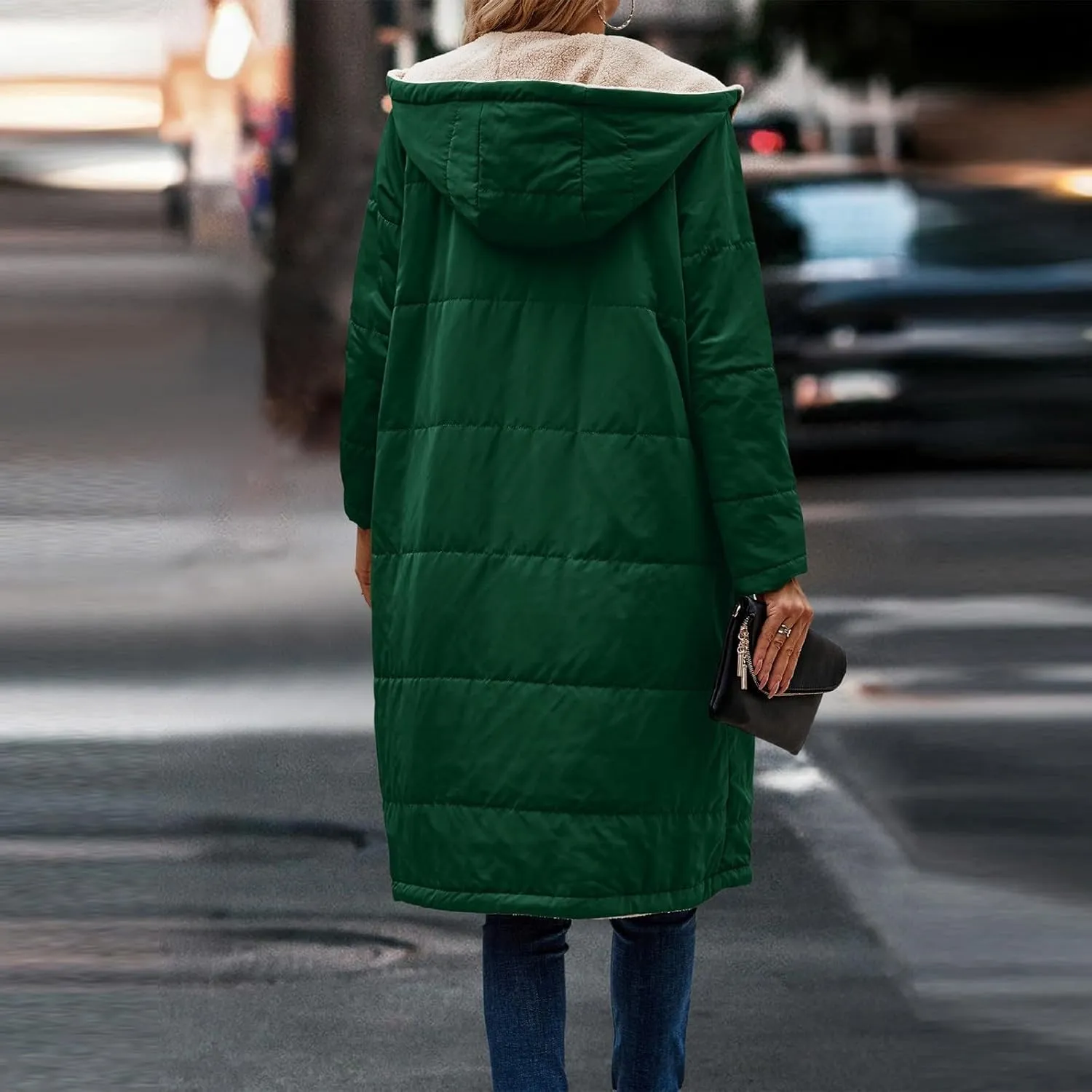 Jackets for Women Fashion Reversible Puffer Coats Oversized Sherpa Fleece Zip Hoodie Winter Warm Coat with Pockets