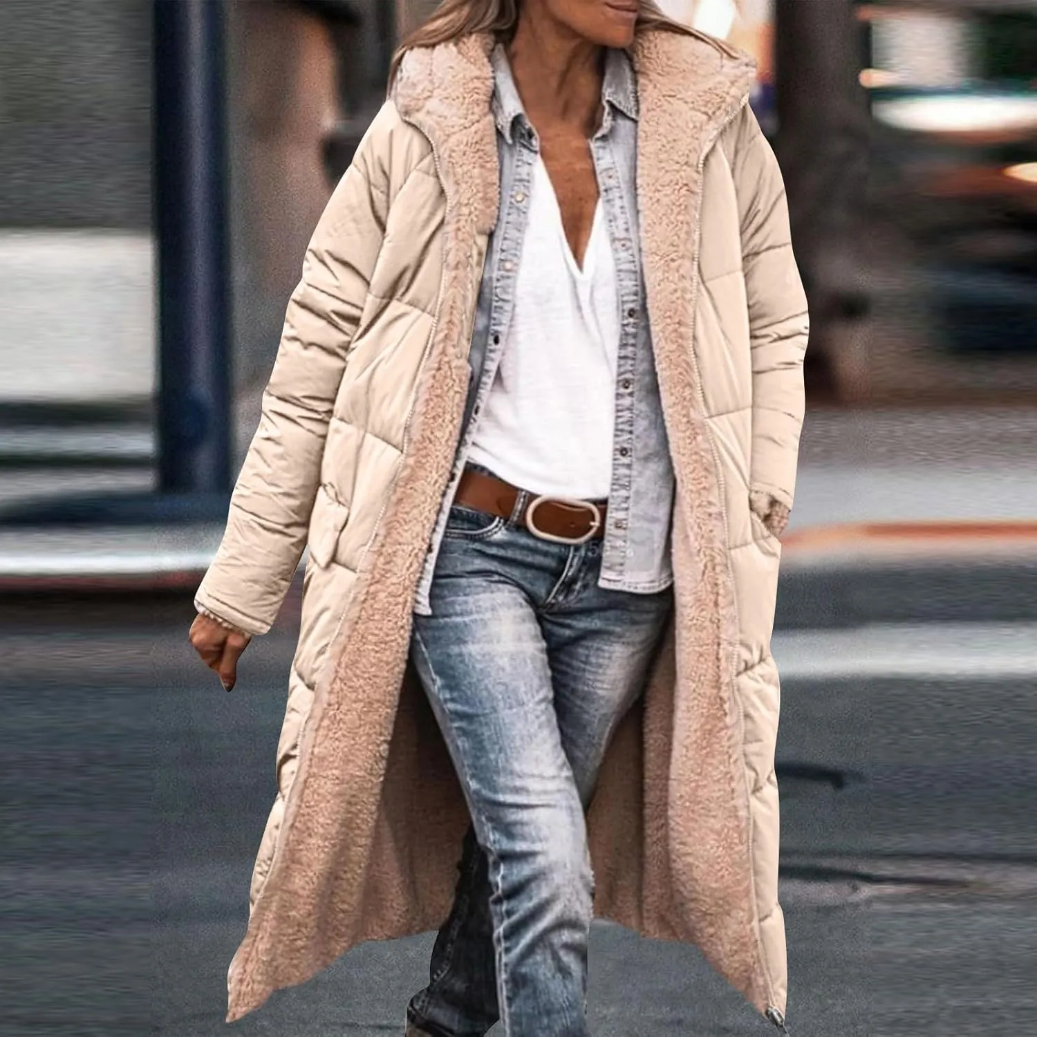 Jackets for Women Fashion Reversible Puffer Coats Oversized Sherpa Fleece Zip Hoodie Winter Warm Coat with Pockets