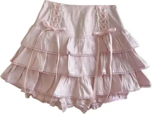 Japanese Kawaii Lace Pleated Skirts Women High Waist Bow Lace-Up Mini Skirts