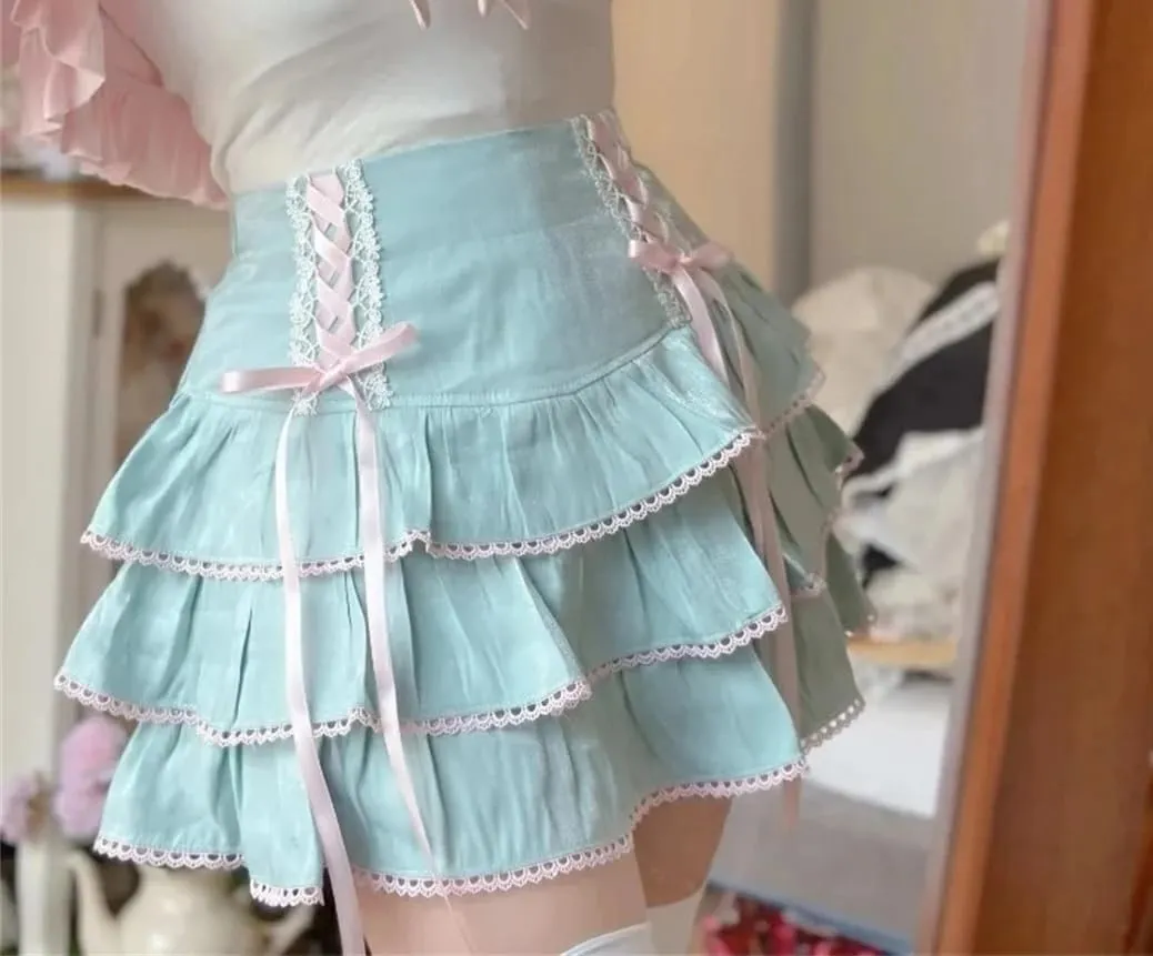 Japanese Kawaii Lace Pleated Skirts Women High Waist Bow Lace-Up Mini Skirts