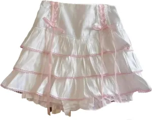 Japanese Kawaii Lace Pleated Skirts Women High Waist Bow Lace-Up Mini Skirts