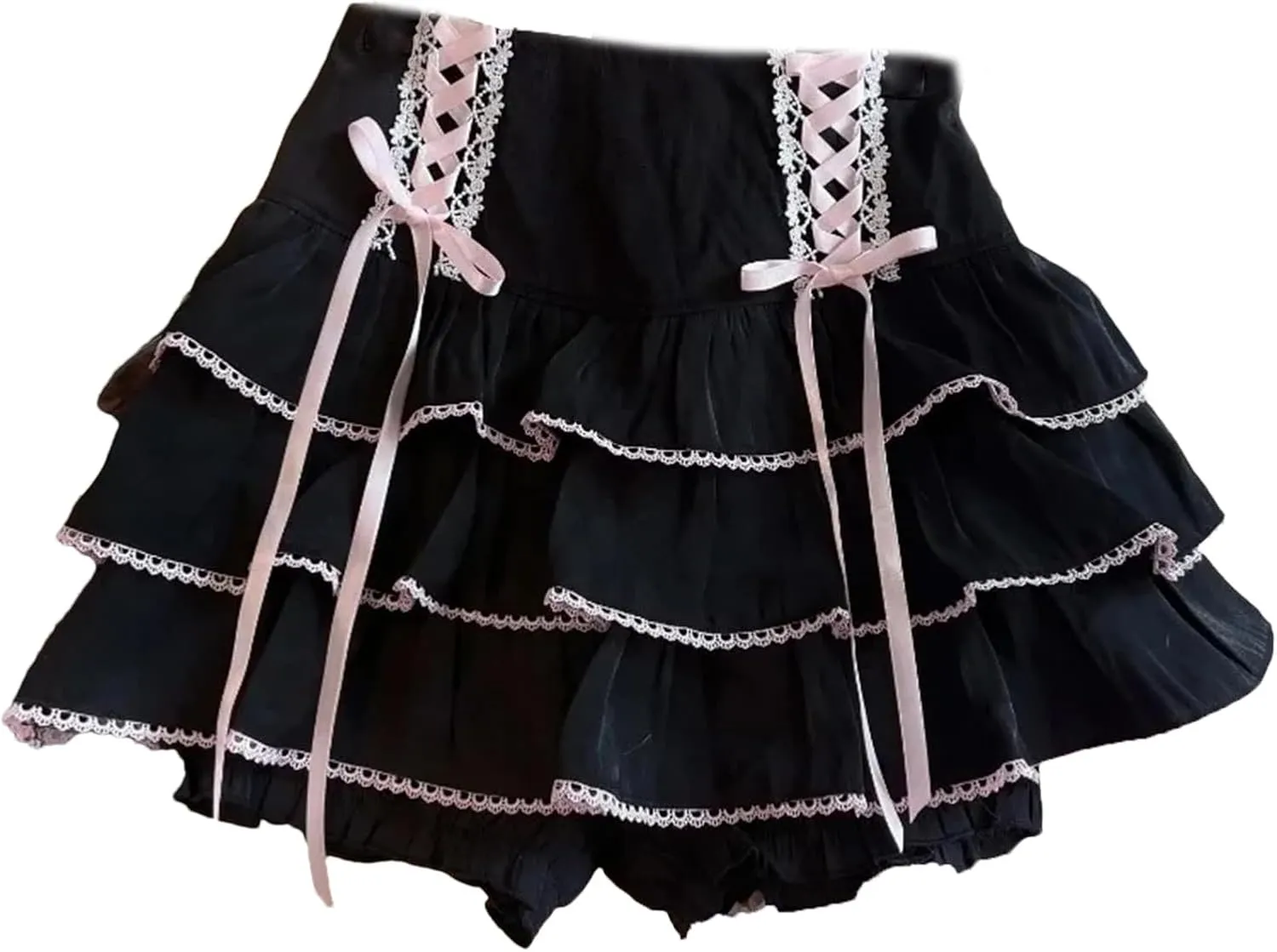 Japanese Kawaii Lace Pleated Skirts Women High Waist Bow Lace-Up Mini Skirts