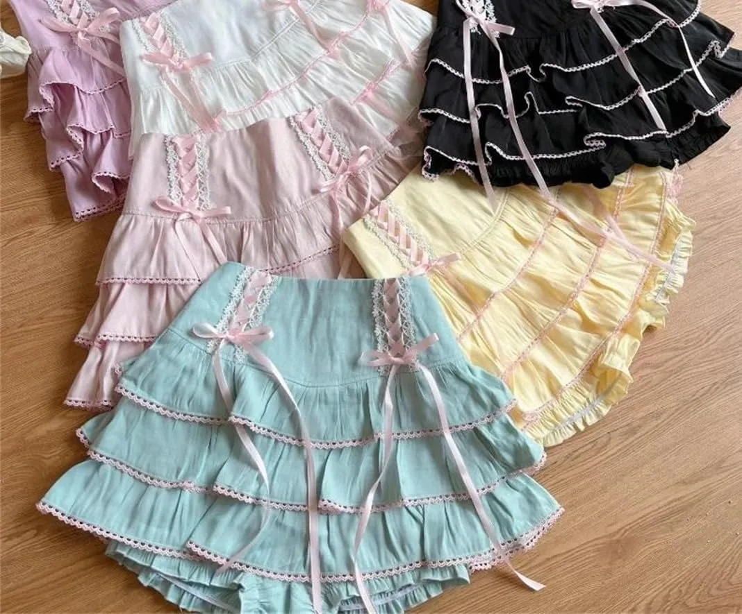 Japanese Kawaii Lace Pleated Skirts Women High Waist Bow Lace-Up Mini Skirts