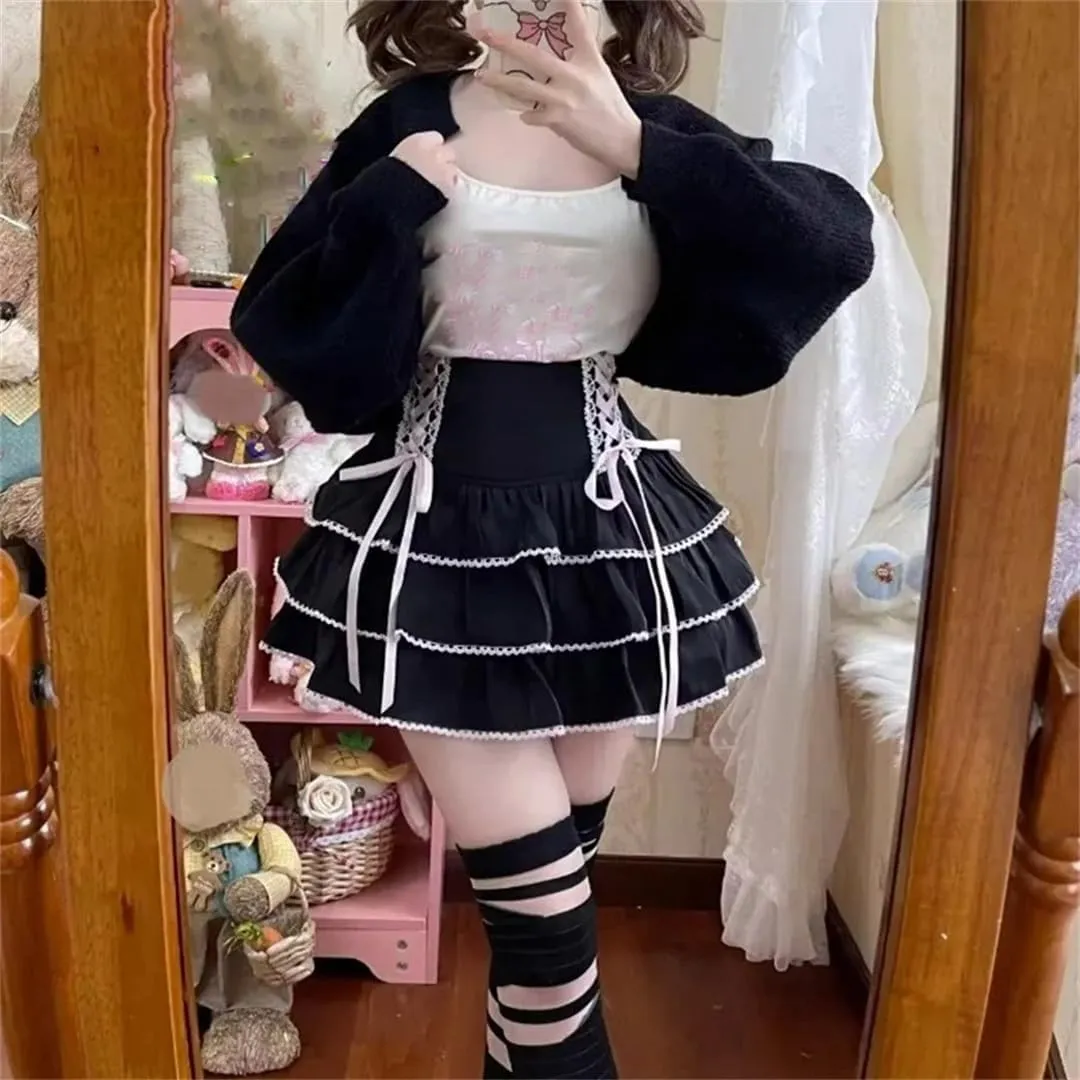 Japanese Kawaii Lace Pleated Skirts Women High Waist Bow Lace-Up Mini Skirts