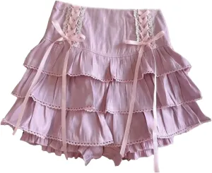 Japanese Kawaii Lace Pleated Skirts Women High Waist Bow Lace-Up Mini Skirts