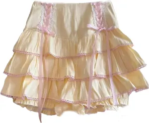 Japanese Kawaii Lace Pleated Skirts Women High Waist Bow Lace-Up Mini Skirts