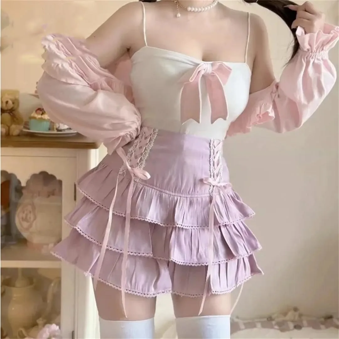 Japanese Kawaii Lace Pleated Skirts Women High Waist Bow Lace-Up Mini Skirts