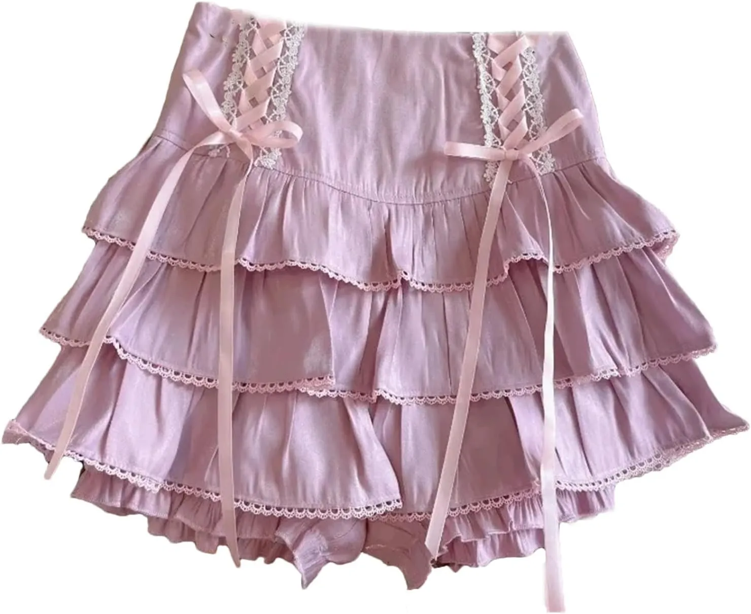 Japanese Kawaii Lace Pleated Skirts Women High Waist Bow Lace-Up Mini Skirts