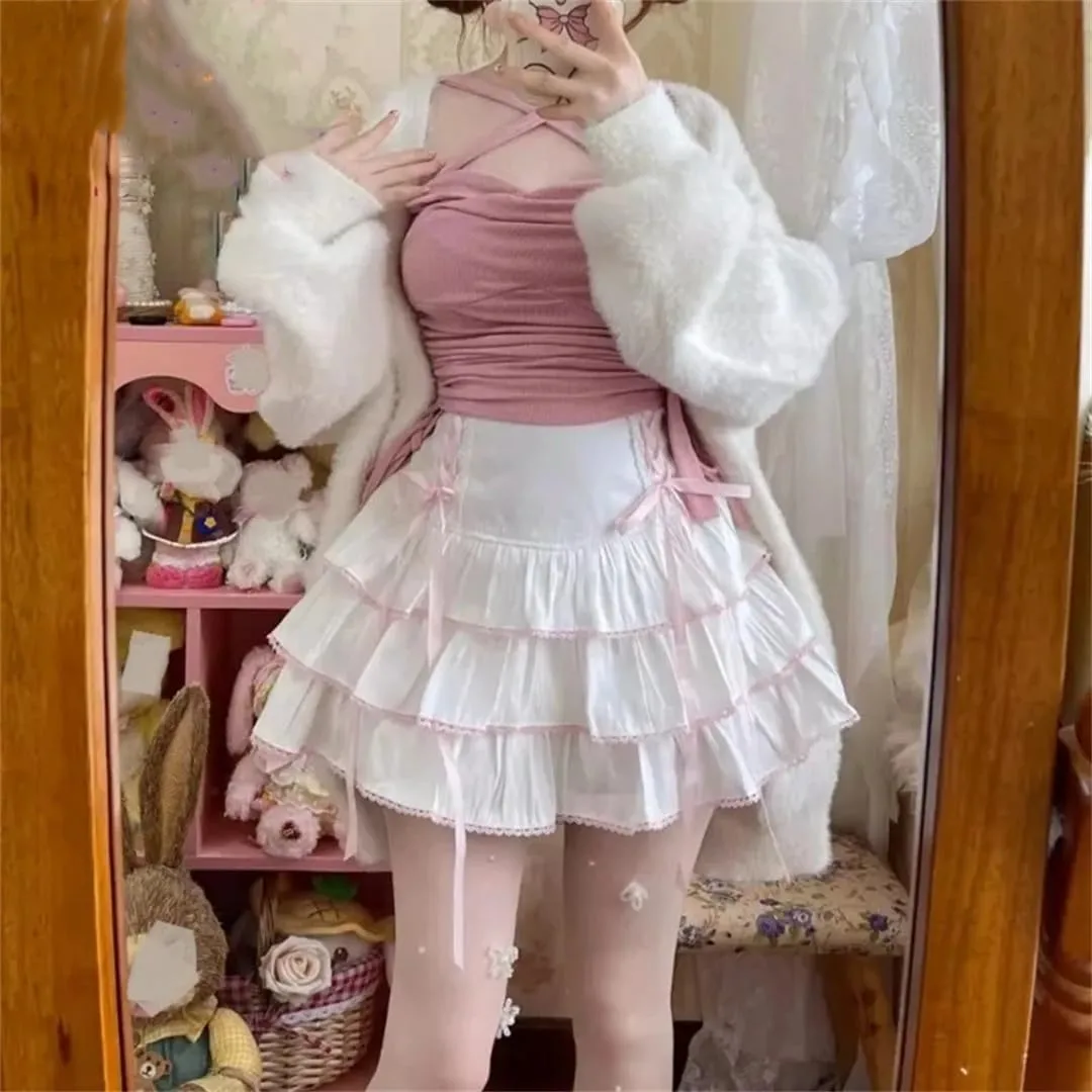 Japanese Kawaii Lace Pleated Skirts Women High Waist Bow Lace-Up Mini Skirts