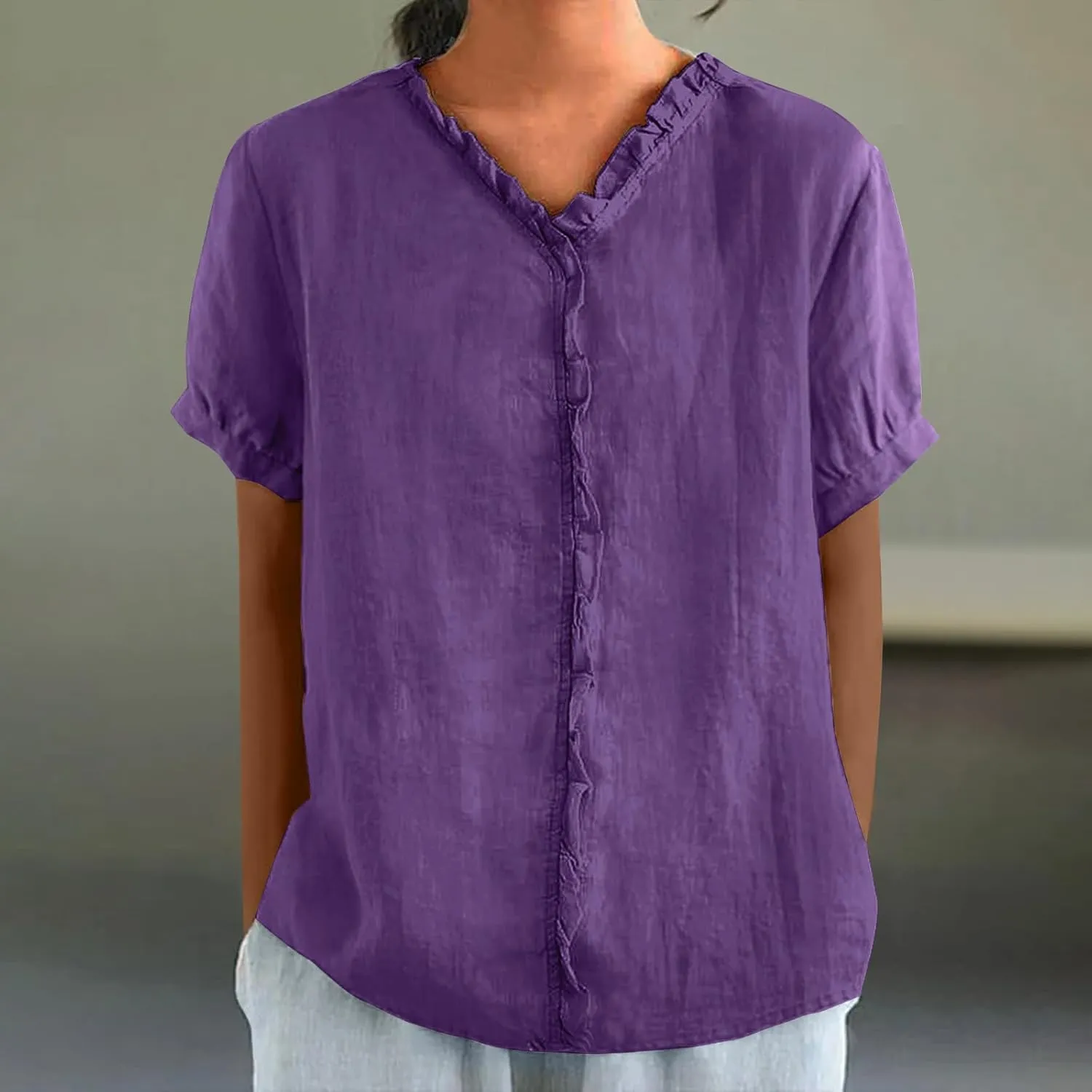 JOAU Women's Cotton Linen Short Sleeve Ruffle Shirts 2025 Summer Loose Casual V Neck Blouse Dressy Boho Beach Tunic Tops