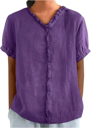 JOAU Women's Cotton Linen Short Sleeve Ruffle Shirts 2025 Summer Loose Casual V Neck Blouse Dressy Boho Beach Tunic Tops