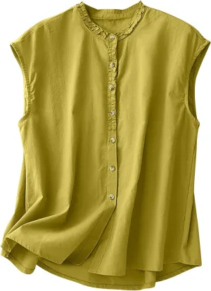 JOAU Women's Summer Button Down Cotton Linen Shirts Casual Sleeveless Frill Trim Crew Neck Cute Tank Tops Dressy Blouses