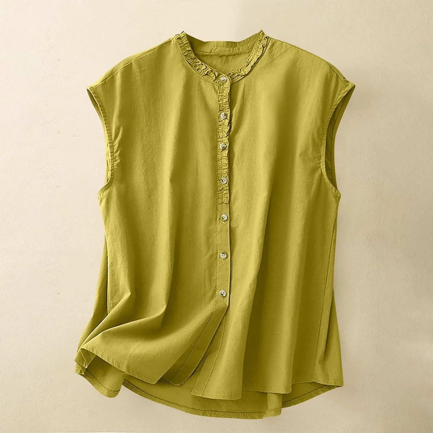JOAU Women's Summer Button Down Cotton Linen Shirts Casual Sleeveless Frill Trim Crew Neck Cute Tank Tops Dressy Blouses