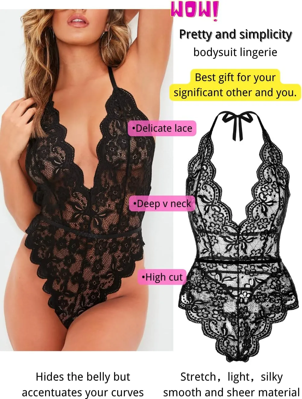 Kaei&Shi Bridal Lingerie,Sheer Floral Lace Deep Plunge Bodysuit Women,Bachelorette Gifts For Bride Wedding Boudoir Outfits