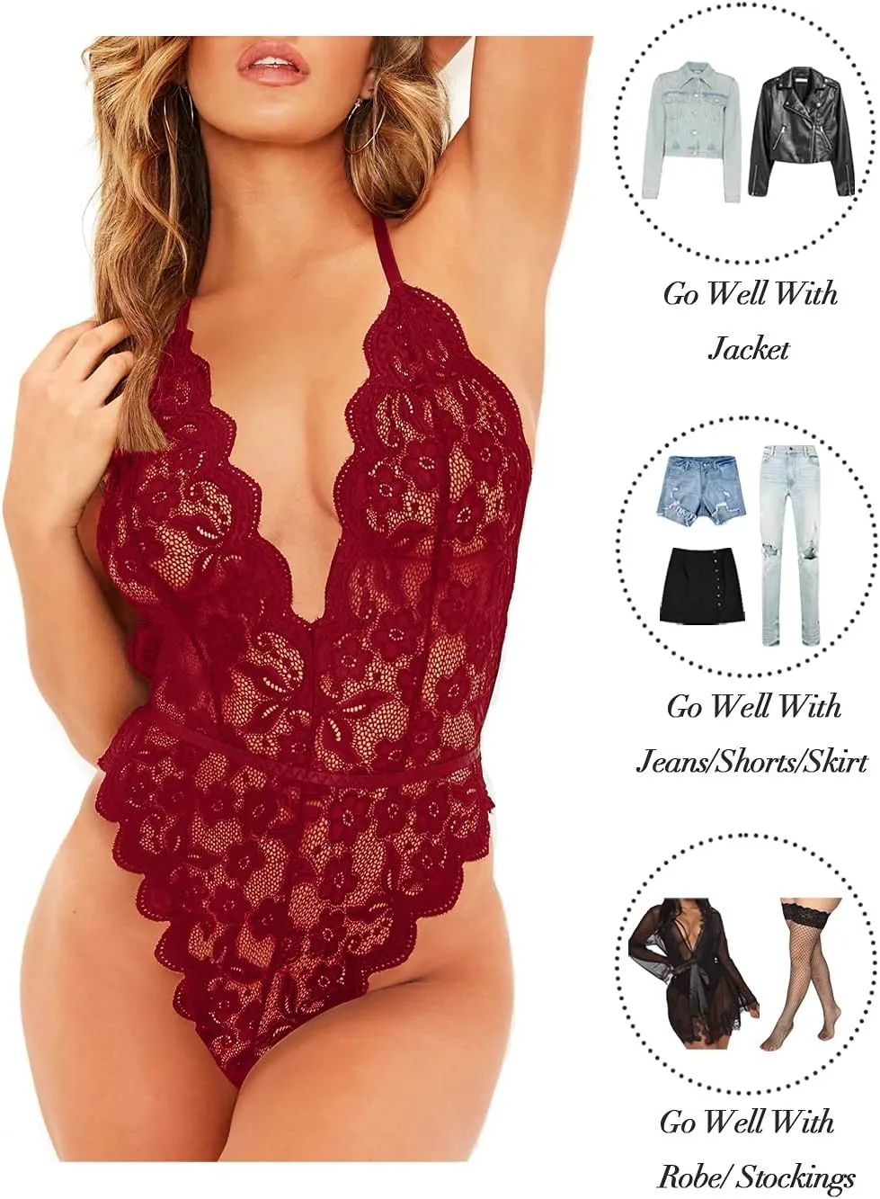Kaei&Shi Bridal Lingerie,Sheer Floral Lace Deep Plunge Bodysuit Women,Bachelorette Gifts For Bride Wedding Boudoir Outfits