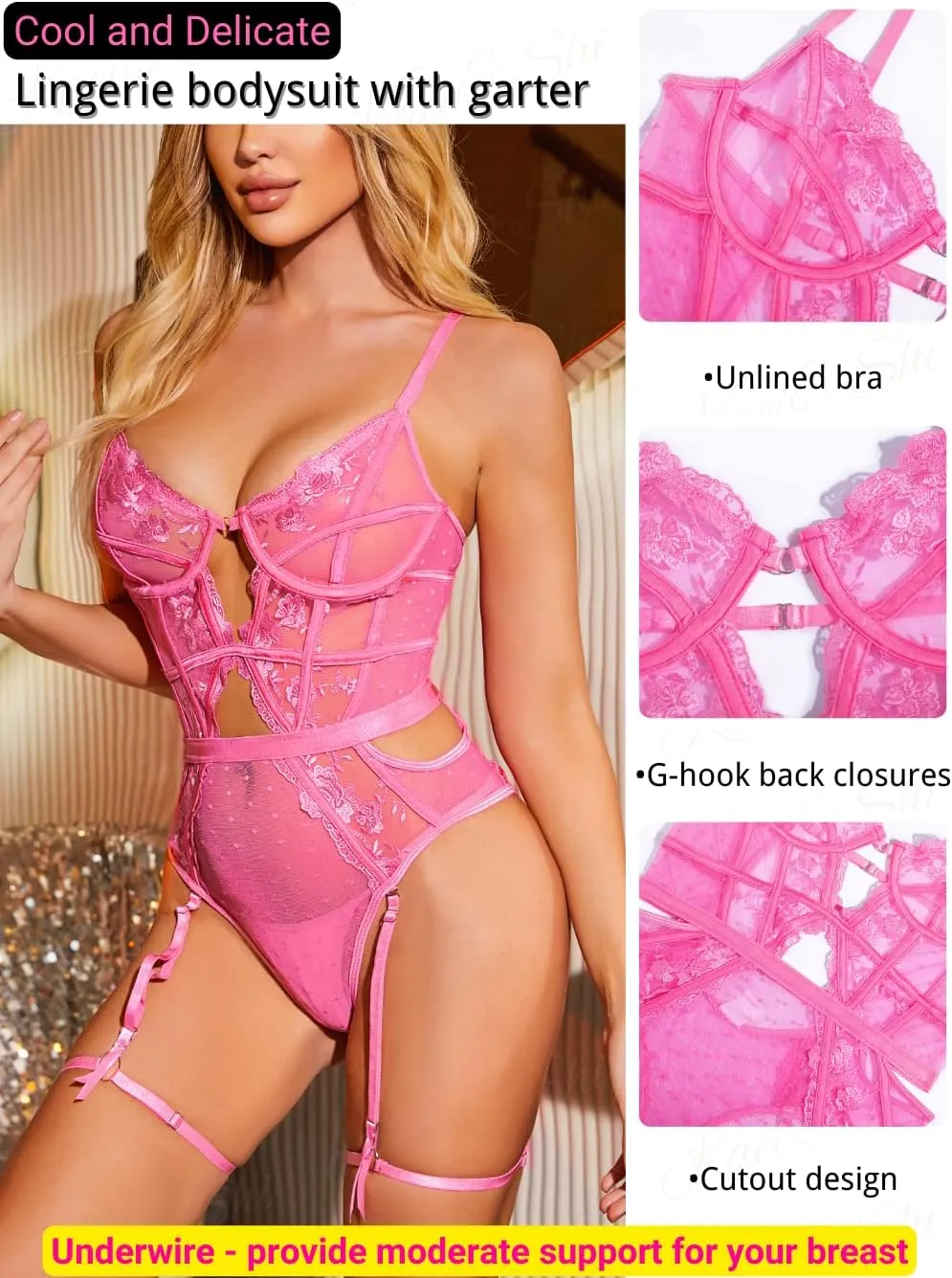 Kaei&Shi Floral Embroidered, Underwire, Removable Garter, Thigh Straps, Backless Bodysuit