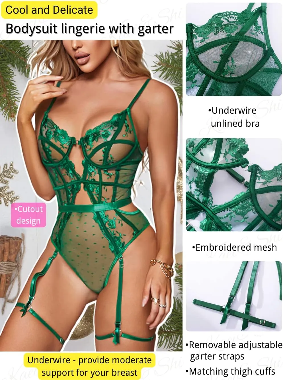 Kaei&Shi Floral Embroidered, Underwire, Removable Garter, Thigh Straps, Backless Bodysuit
