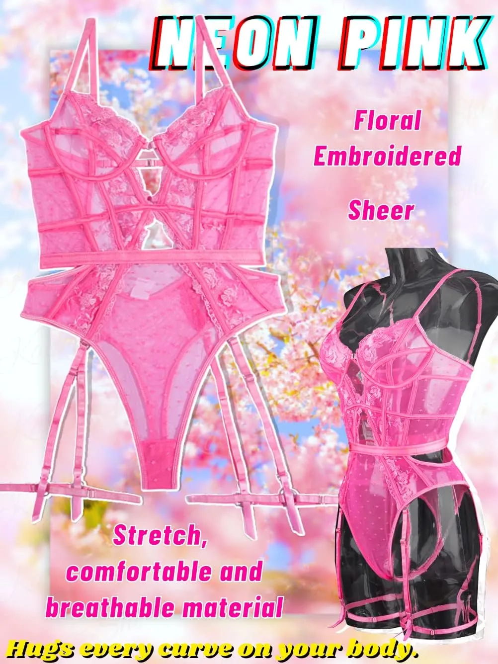 Kaei&Shi Floral Embroidered, Underwire, Removable Garter, Thigh Straps, Backless Bodysuit