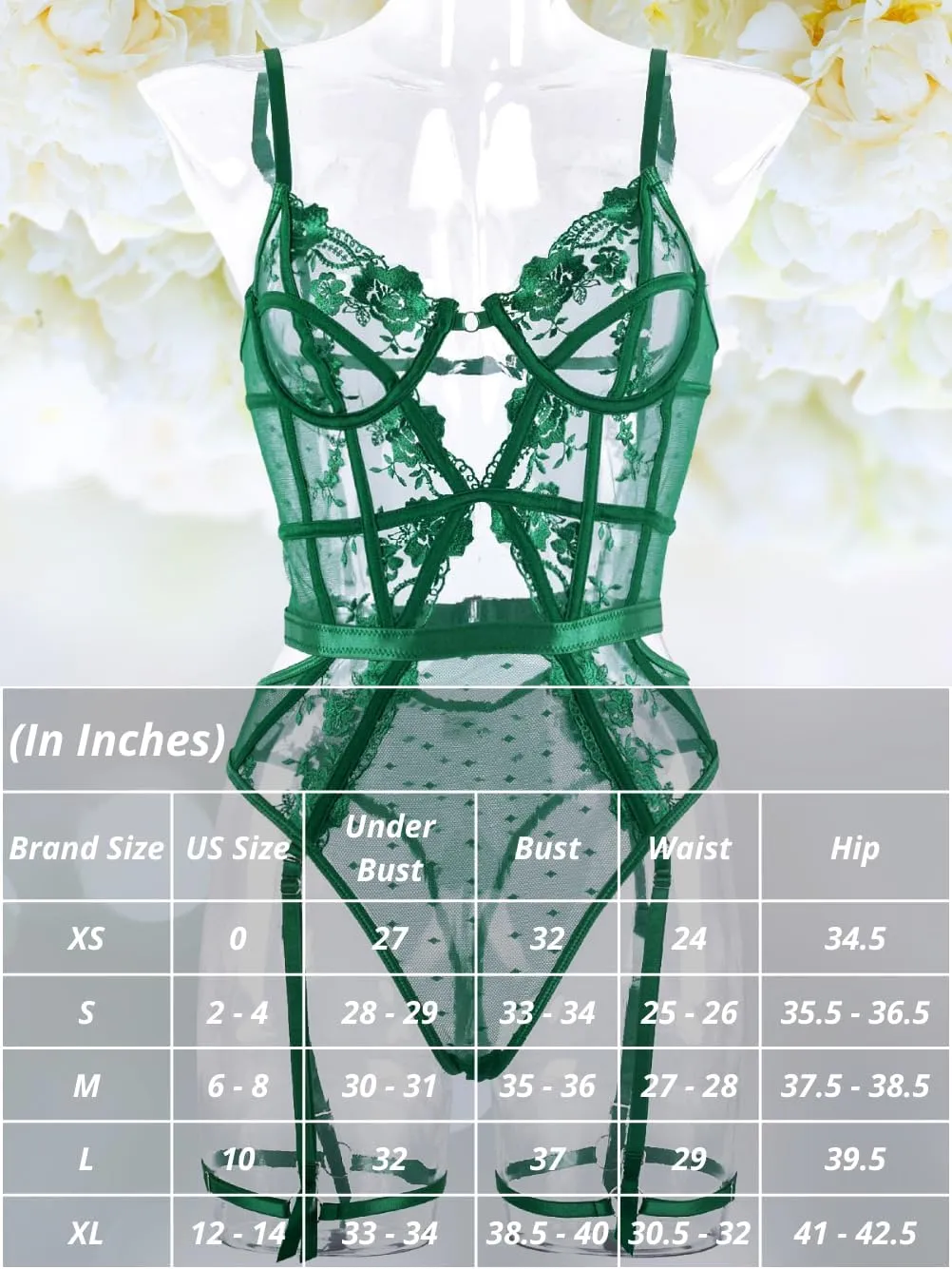 Kaei&Shi Floral Embroidered, Underwire, Removable Garter, Thigh Straps, Backless Bodysuit