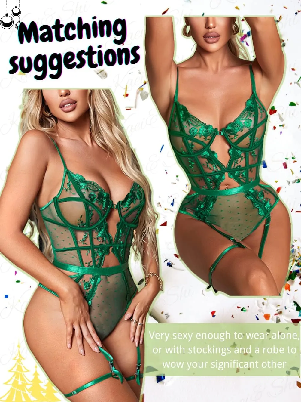 Kaei&Shi Floral Embroidered, Underwire, Removable Garter, Thigh Straps, Backless Bodysuit