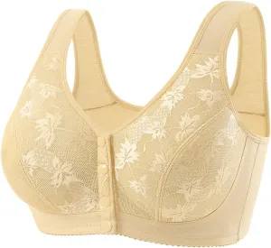 Lace Bras for Older Women Front Closure No Underwire Comfort Senior Bralette Full-Coverage Wireless Snap Closing Bra