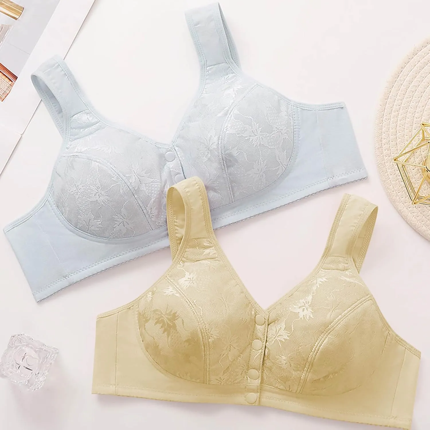 Lace Bras for Older Women Front Closure No Underwire Comfort Senior Bralette Full-Coverage Wireless Snap Closing Bra