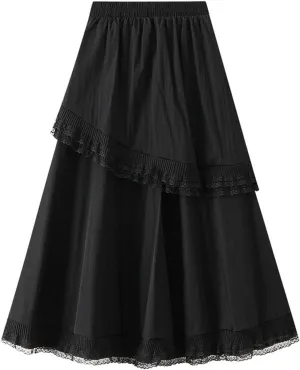 Lace Trim Midi Skirt for Women Elastic Waist Flowy Skirt Bohemian Style Lace Layered Skirts