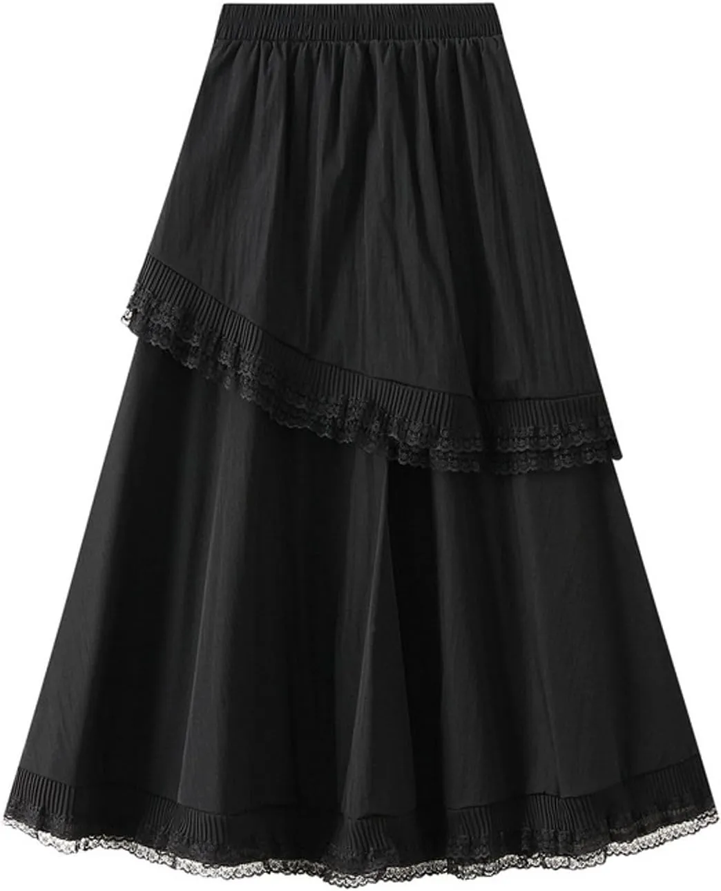 Lace Trim Midi Skirt for Women Elastic Waist Flowy Skirt Bohemian Style Lace Layered Skirts
