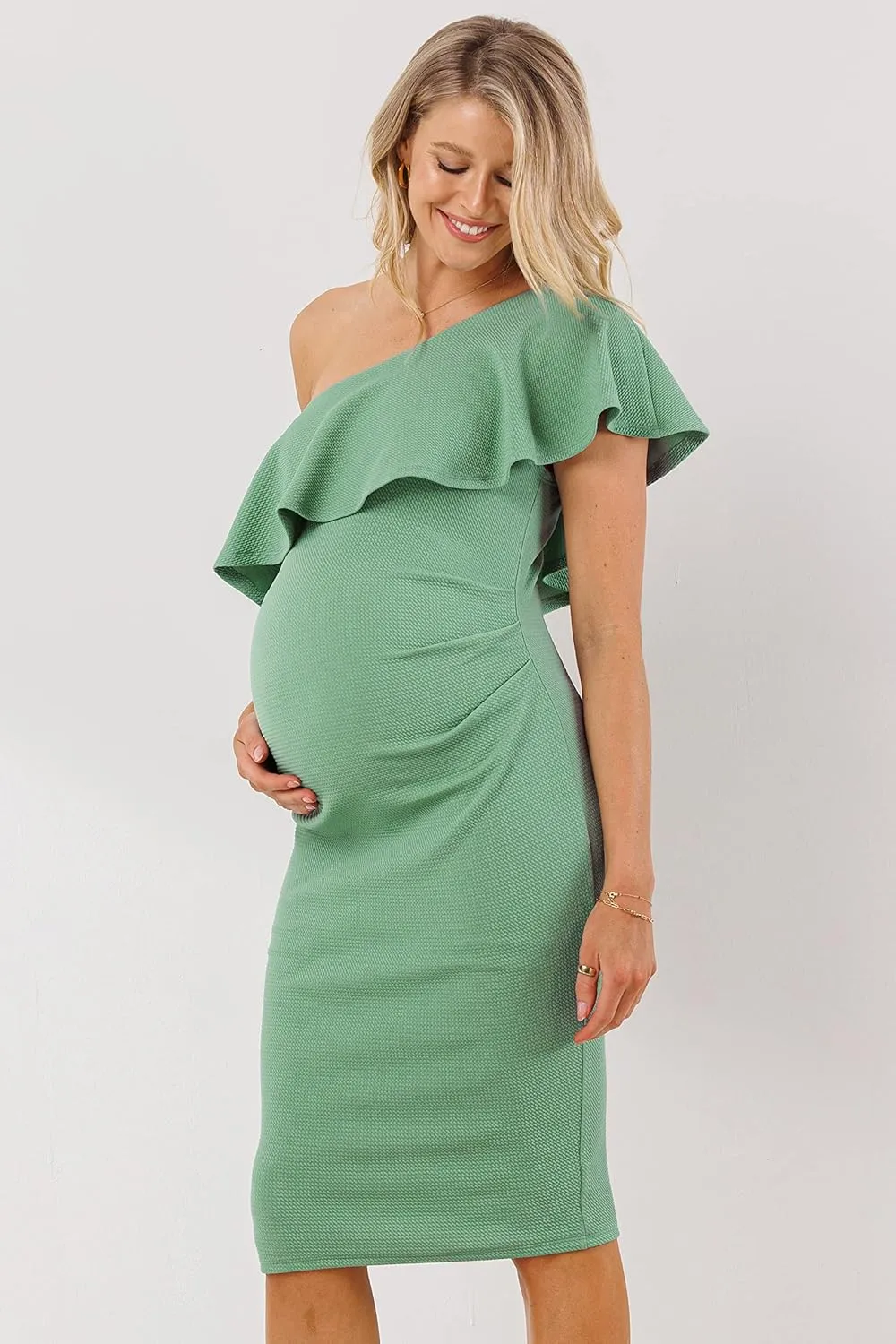 LaClef Women's Maternity Ruffled One Shoulder Side Ruching Dress