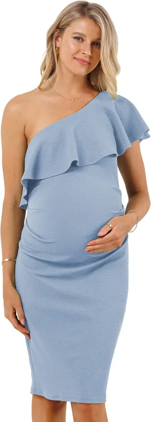 LaClef Women's Maternity Ruffled One Shoulder Side Ruching Dress