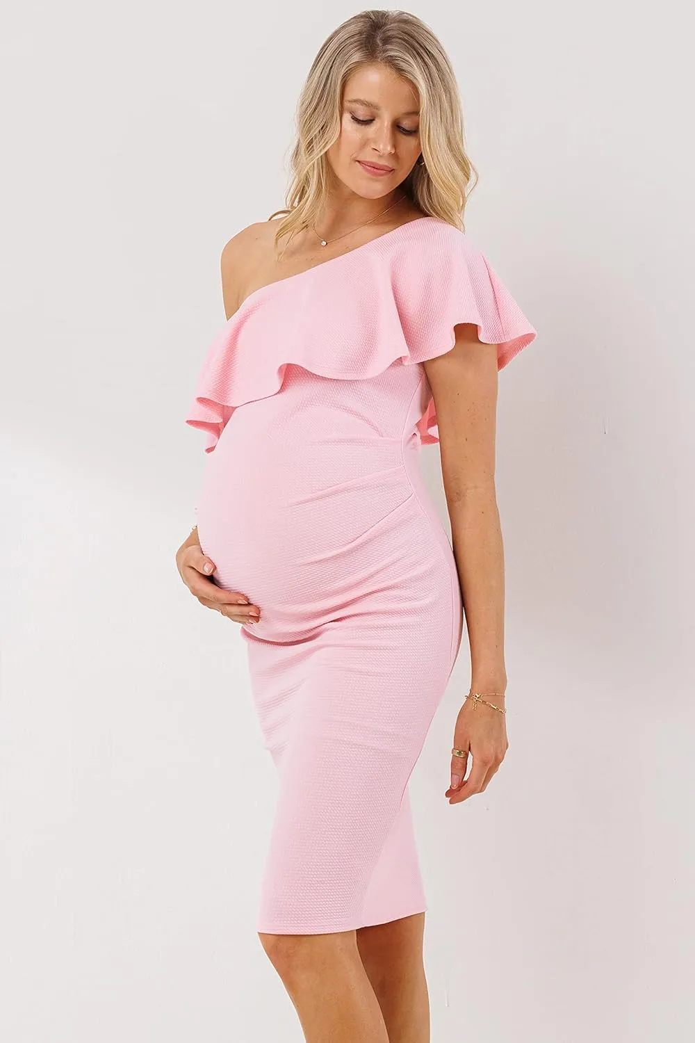 LaClef Women's Maternity Ruffled One Shoulder Side Ruching Dress