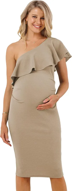 LaClef Women's Maternity Ruffled One Shoulder Side Ruching Dress