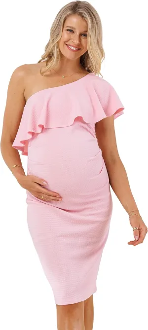 LaClef Women's Maternity Ruffled One Shoulder Side Ruching Dress