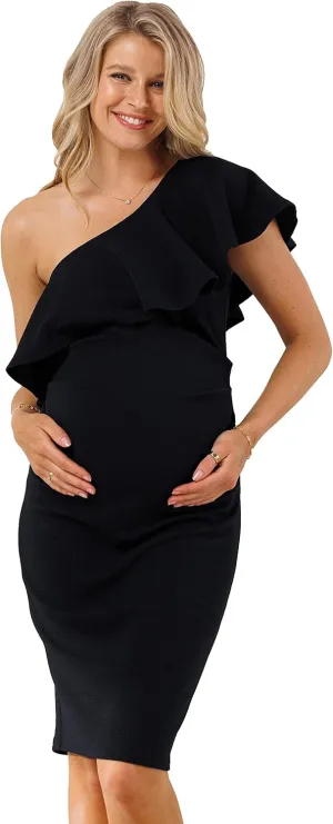 LaClef Women's Maternity Ruffled One Shoulder Side Ruching Dress