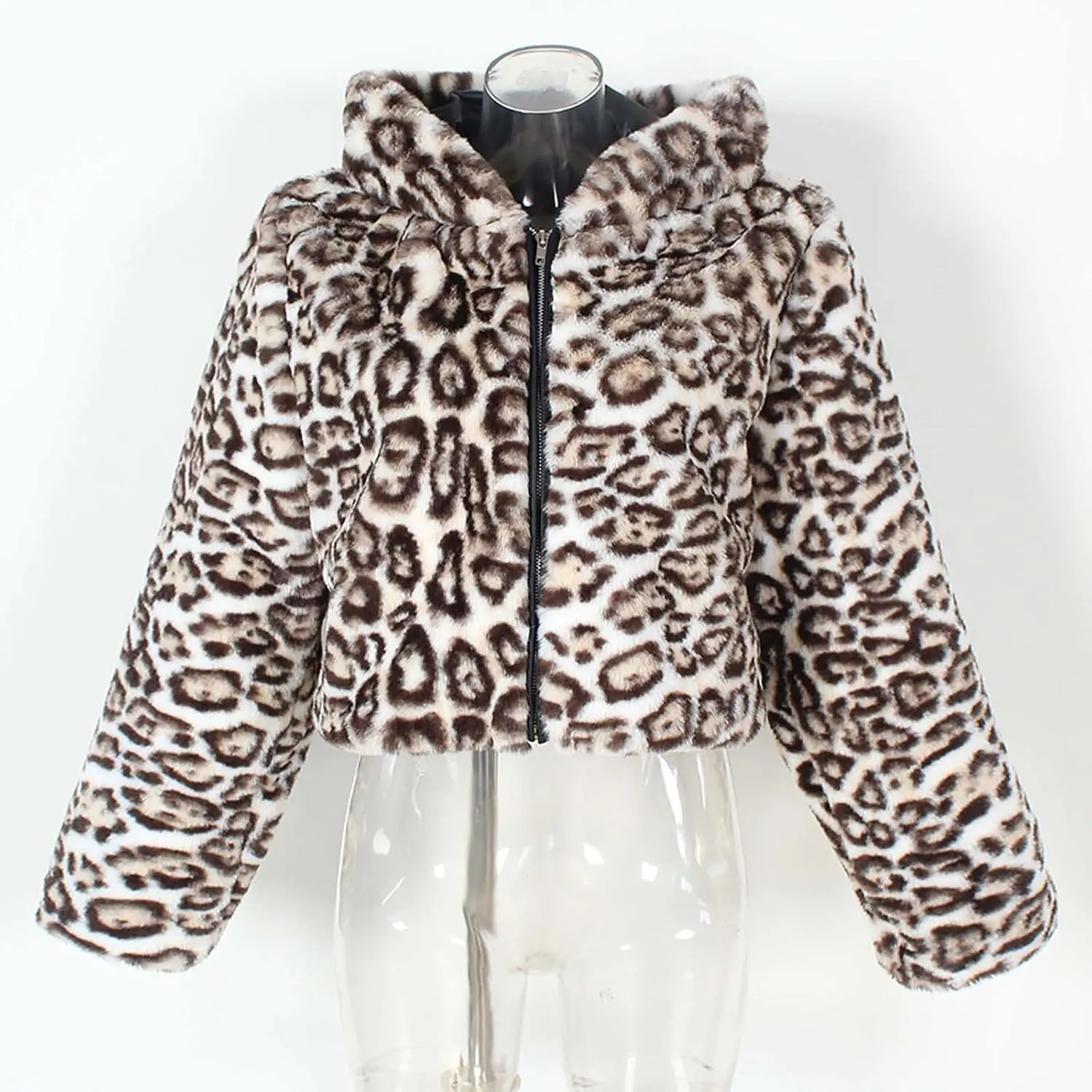 Leopard Faux Fur Jacket Women Plus Size Cropped Fuzzy Hooded Overcoats Winter Trendy Thicken Warm Long Sleeve Jacket