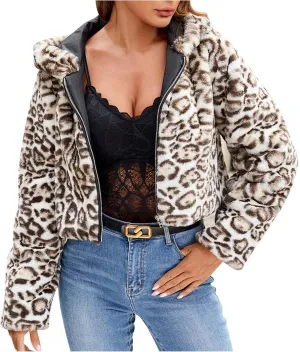 Leopard Faux Fur Jacket Women Plus Size Cropped Fuzzy Hooded Overcoats Winter Trendy Thicken Warm Long Sleeve Jacket