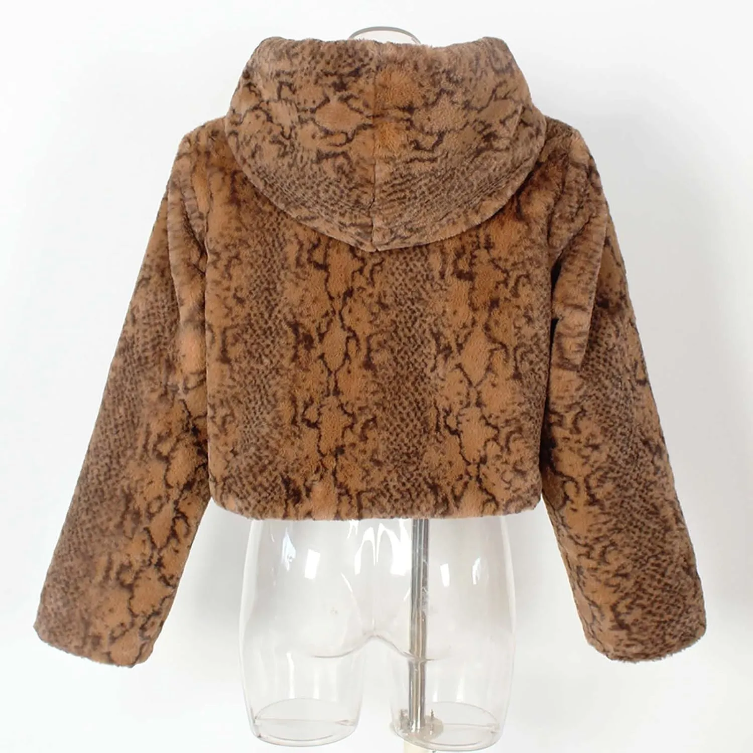 Leopard Faux Fur Jacket Women Plus Size Cropped Fuzzy Hooded Overcoats Winter Trendy Thicken Warm Long Sleeve Jacket
