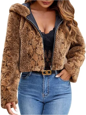 Leopard Faux Fur Jacket Women Plus Size Cropped Fuzzy Hooded Overcoats Winter Trendy Thicken Warm Long Sleeve Jacket