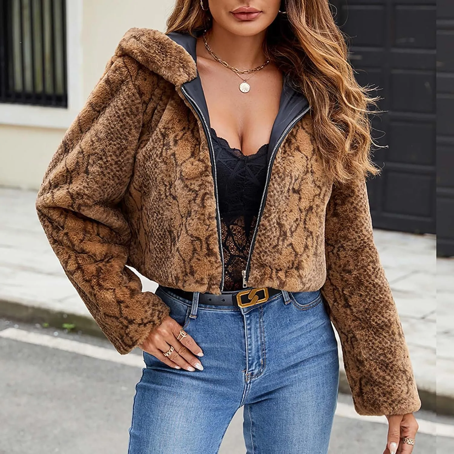 Leopard Faux Fur Jacket Women Plus Size Cropped Fuzzy Hooded Overcoats Winter Trendy Thicken Warm Long Sleeve Jacket