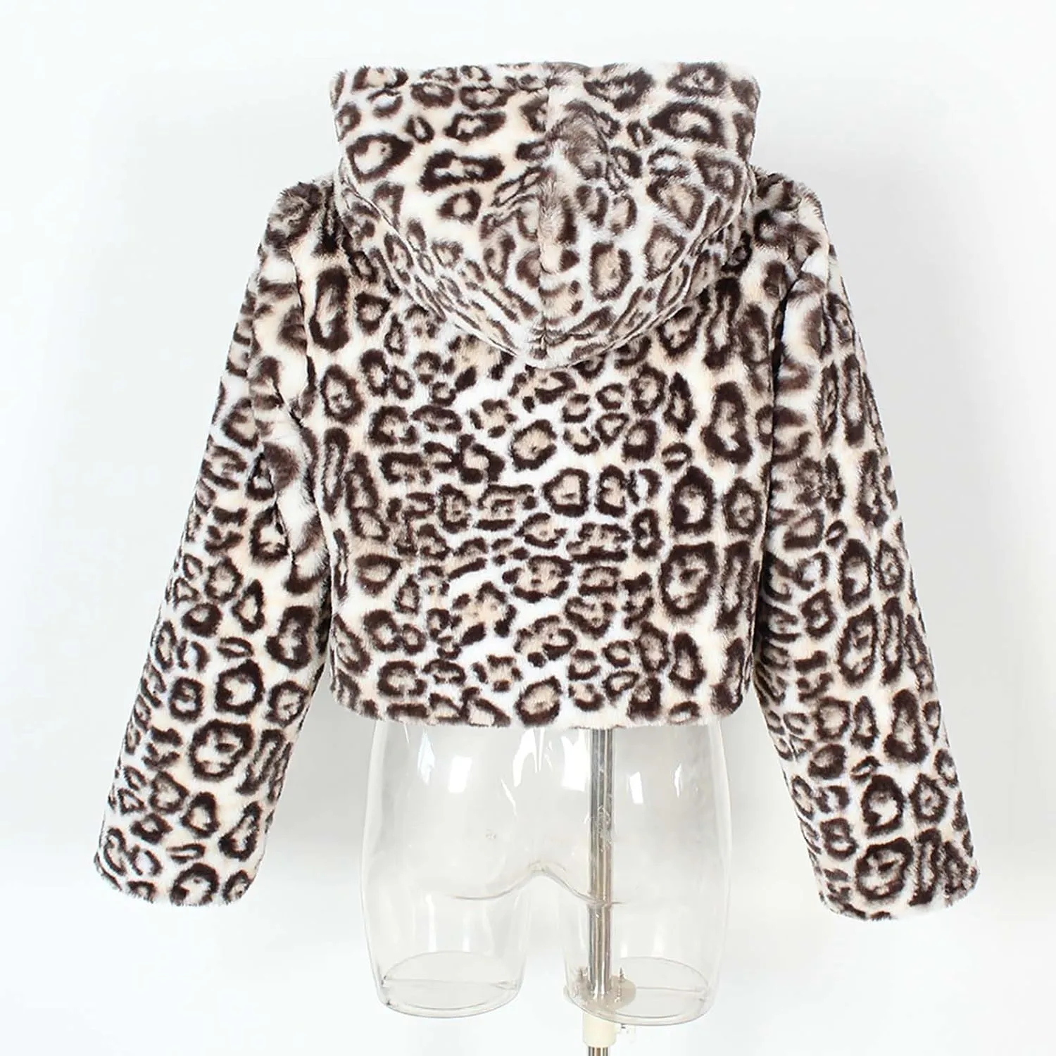 Leopard Faux Fur Jacket Women Plus Size Cropped Fuzzy Hooded Overcoats Winter Trendy Thicken Warm Long Sleeve Jacket
