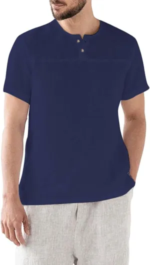 Linen Henley Shirt for Men Summer Solid Casual Trendy Tees Lightweight Breathable Athletic-Fit Button Up Beach Tops