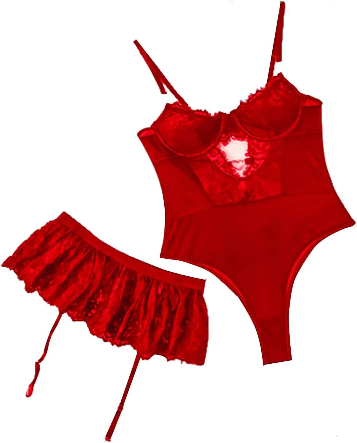 Lingerie for Women Lace Corset Mini Lingerie Skirts Lace Bra and Panty Set with Garter Belt Naughty Nightwear Boudoir